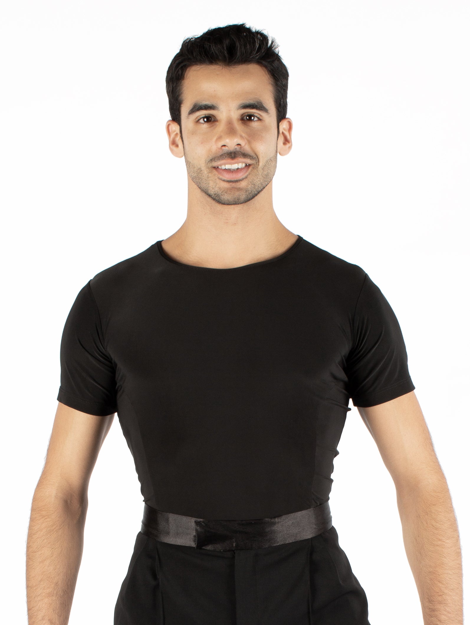 Short sleeved simplicity with an all mesh back. Super soft spandex, trunks attached with snap closure. 