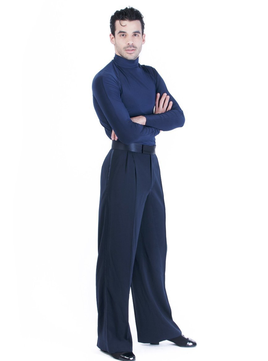 Miari mens Luca ballroom dance trousers in navy with satin waistband, pin tuck pleats, and pockets. Wide leg, satin trim down side seam. Durable crepe material no wrinkle machine washable. 