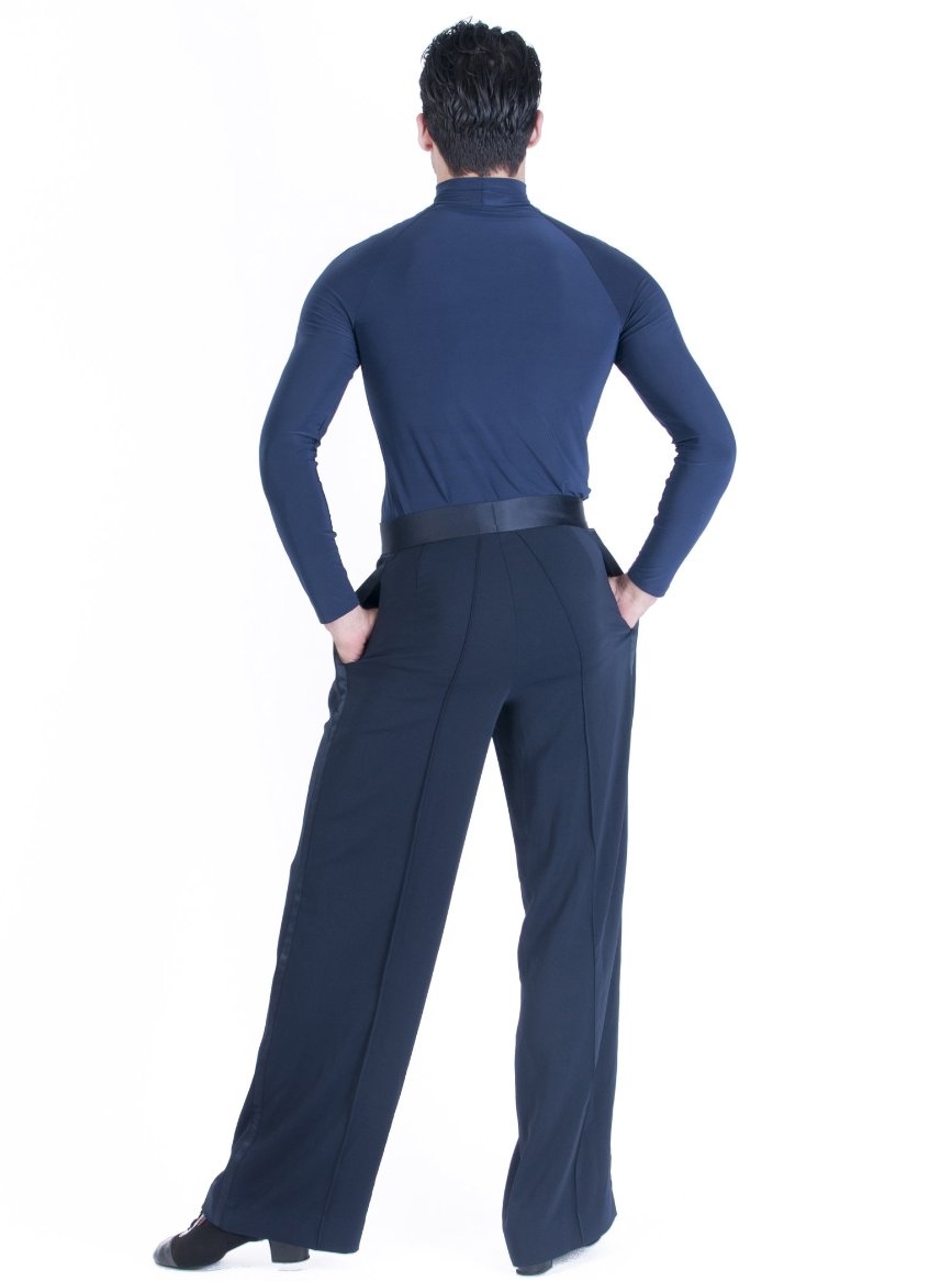 Miari mens Luca ballroom dance trousers in navy with satin waistband, pin tuck pleats, and pockets. Wide leg, satin trim down side seam. Durable crepe material no wrinkle machine washable. 