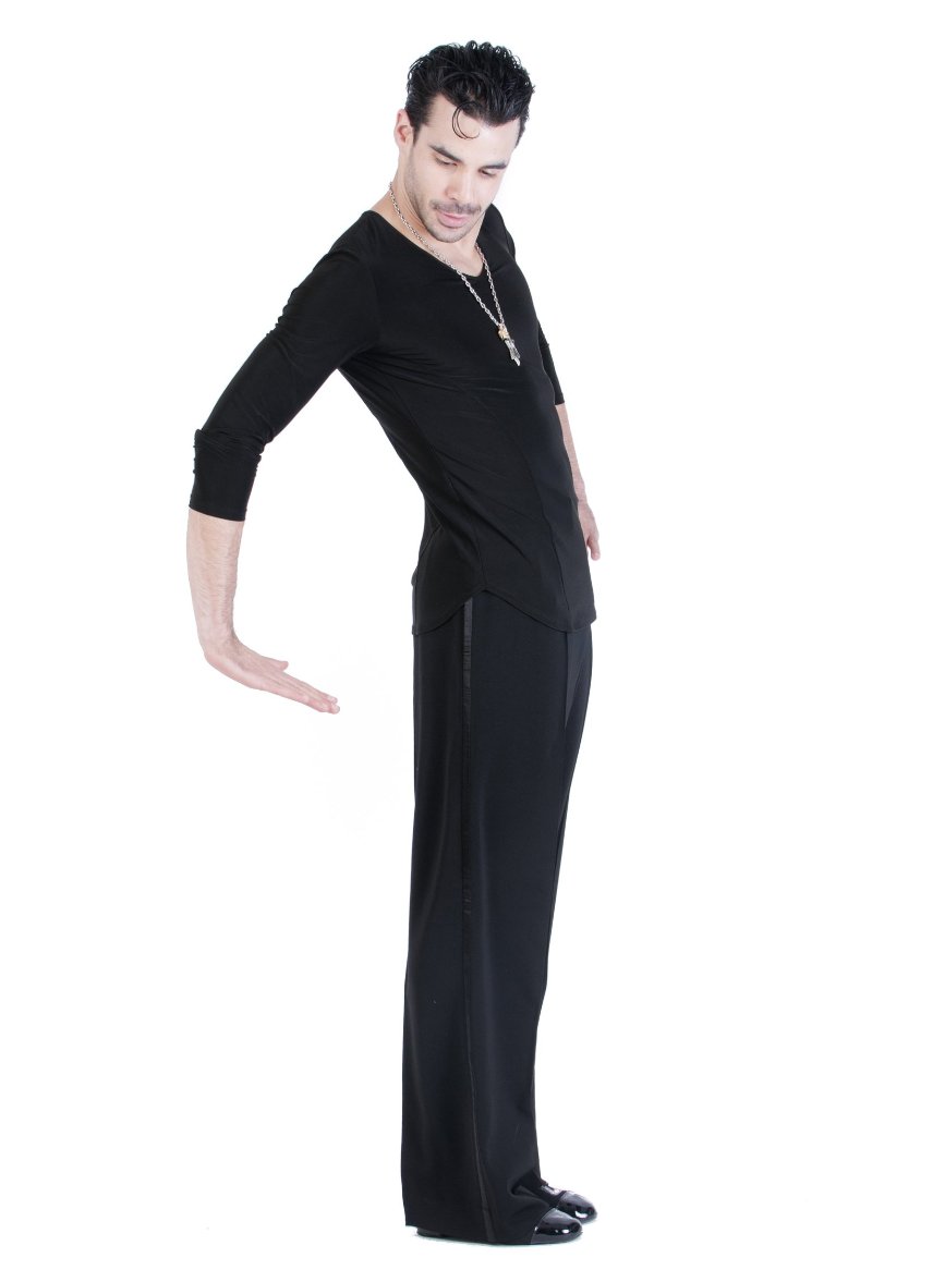 Miari mens dance trousers with satin waistband, pin tuck pleats, and pockets. Wide leg, satin trim down side seam. Durable crepe material no wrinkle machine washable. 