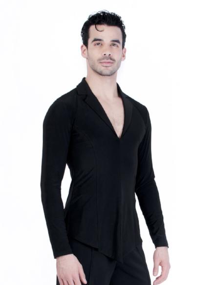 Miari mens ballroom dance blazer jacket with black spandex, wide set collar neckline and short slits at the center front hem and side seams.