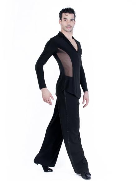 Miari mens ballroom dance blazer jacket with black mesh, wide set collar neckline and short slits at the center front hem and side seams.