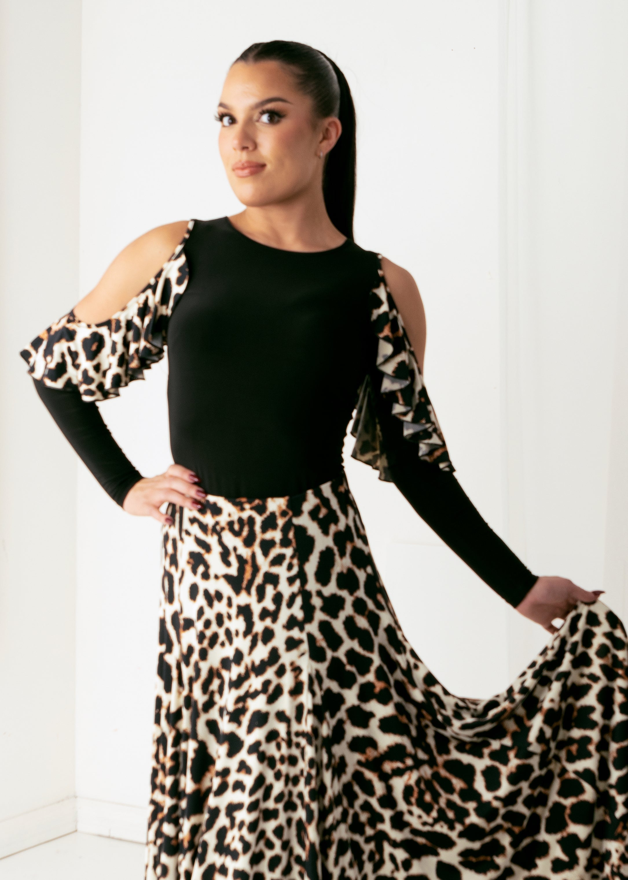 Angelique Ruffle Top - Black/Animal Print