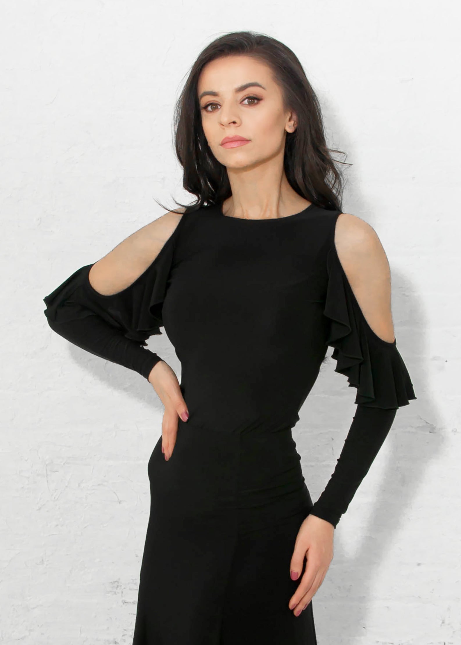 Black Ballroom Dance Top with Open Shoulder and Soft Cascading Ruffle.