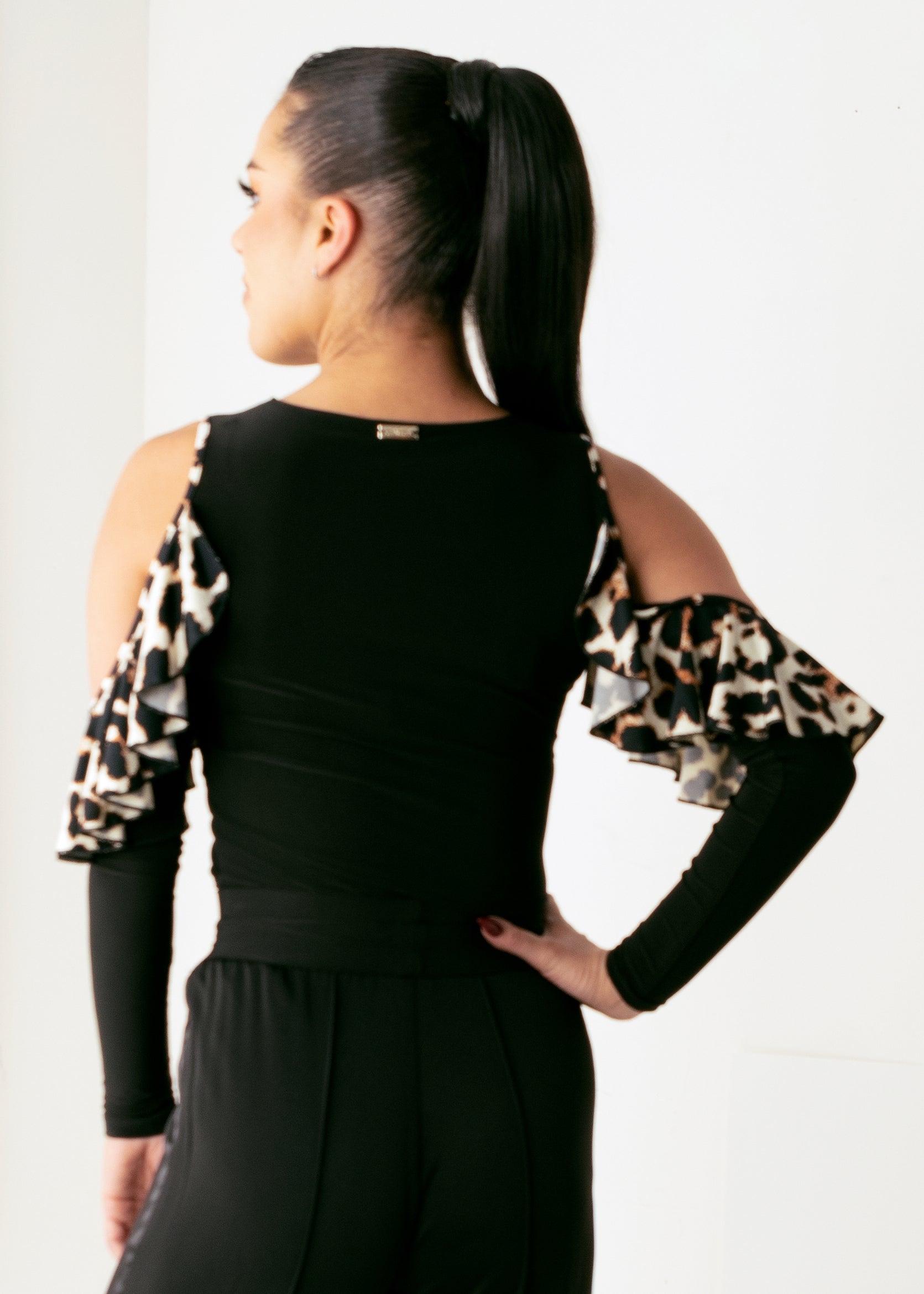 Angelique Ruffle Top - Black/Animal Print