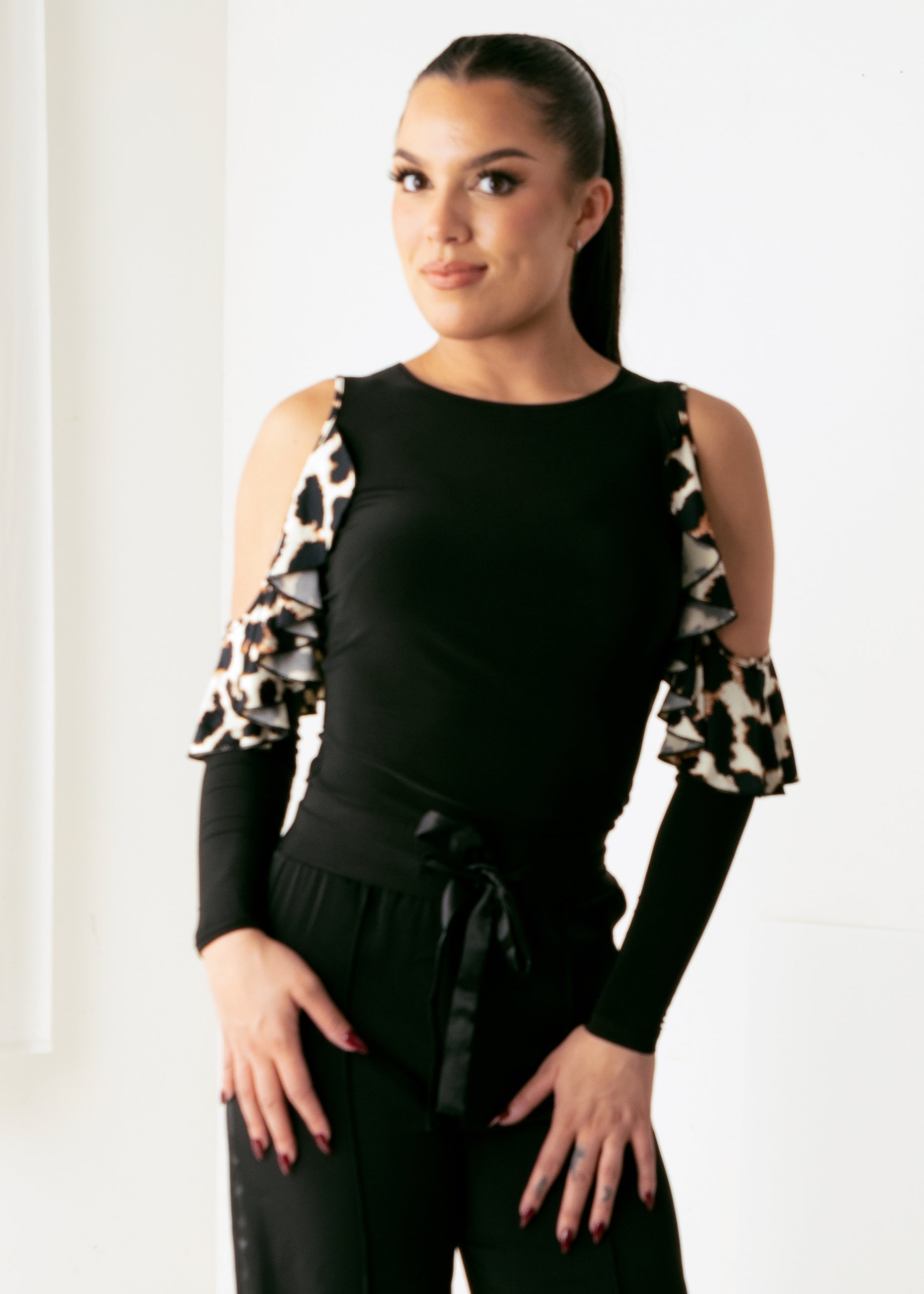 Angelique Ruffle Top - Black/Animal Print