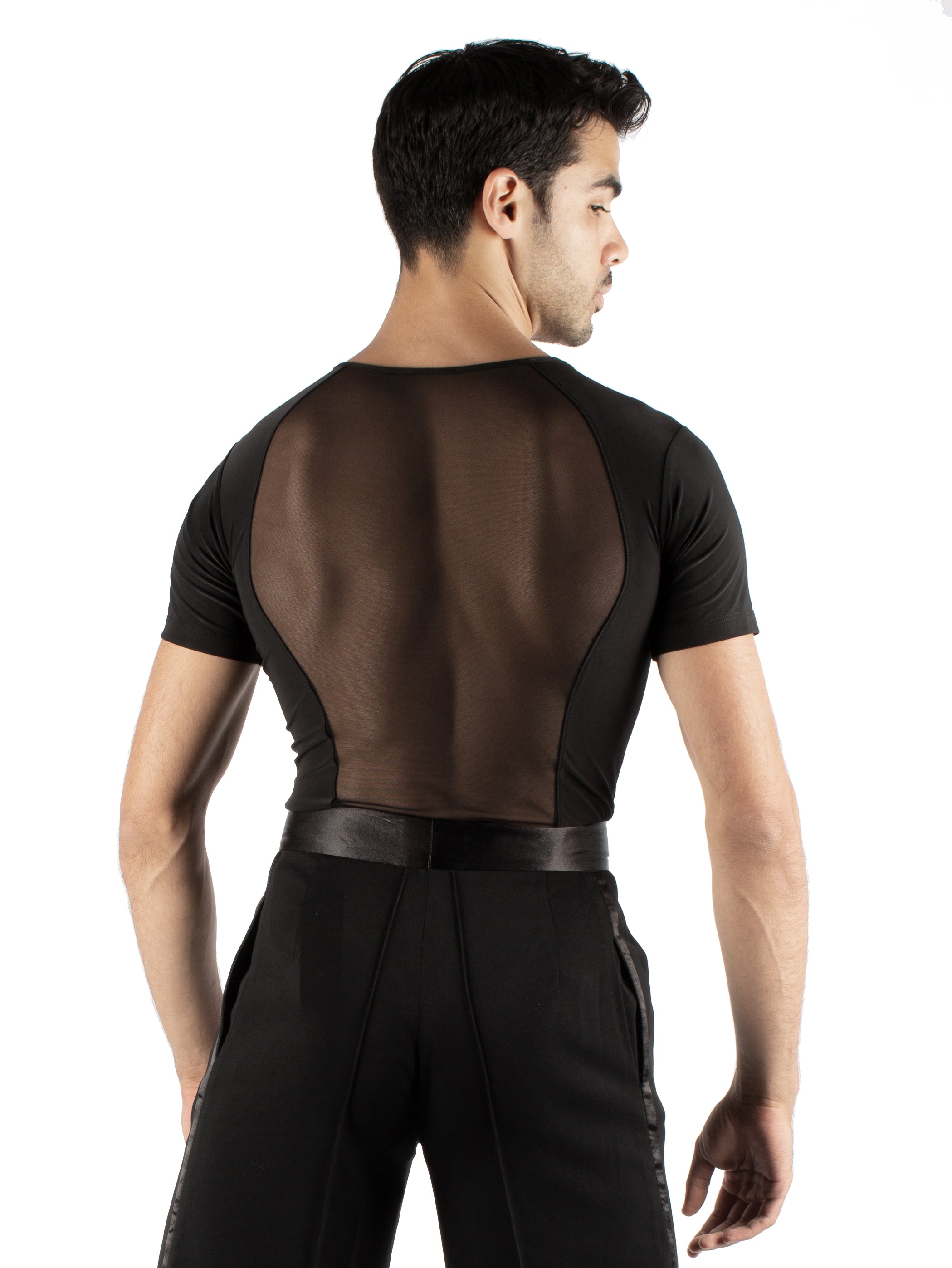 Short sleeved simplicity with an all mesh back. Super soft spandex, trunks attached with snap closure. 